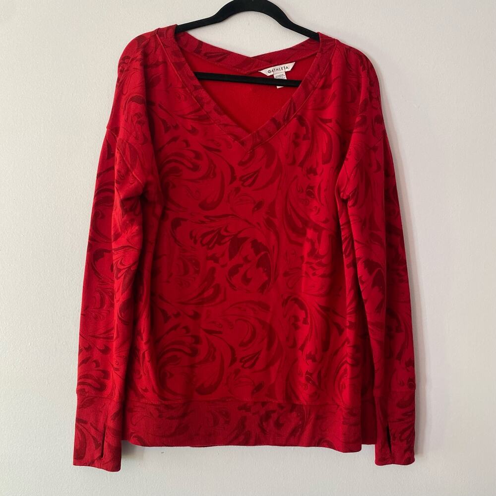 Athleta Red Feathered V-neck Pullover Sweater Athleisure Women's size Medium
